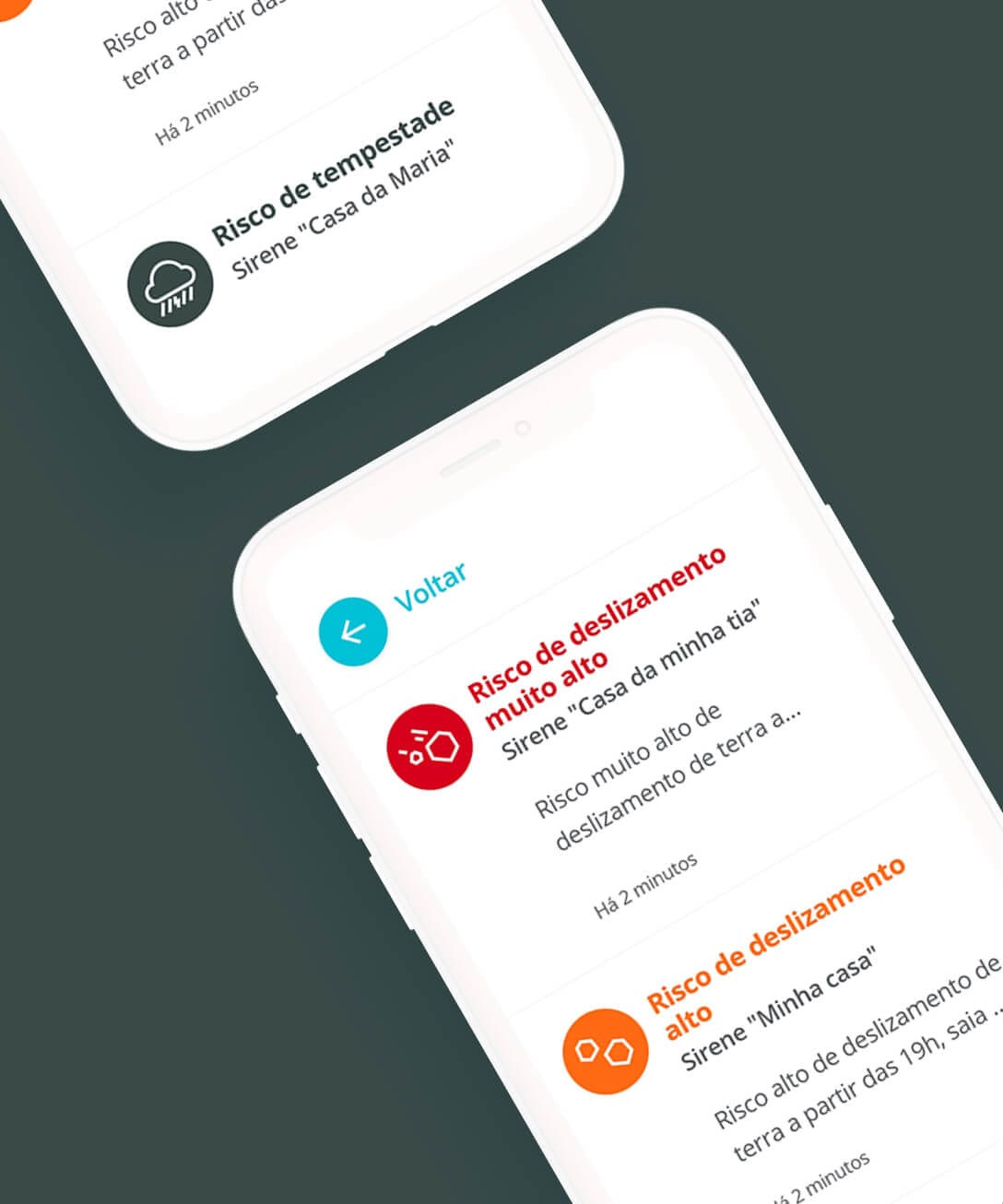 Tela de sirene e notificações do aplicativo Foursafe